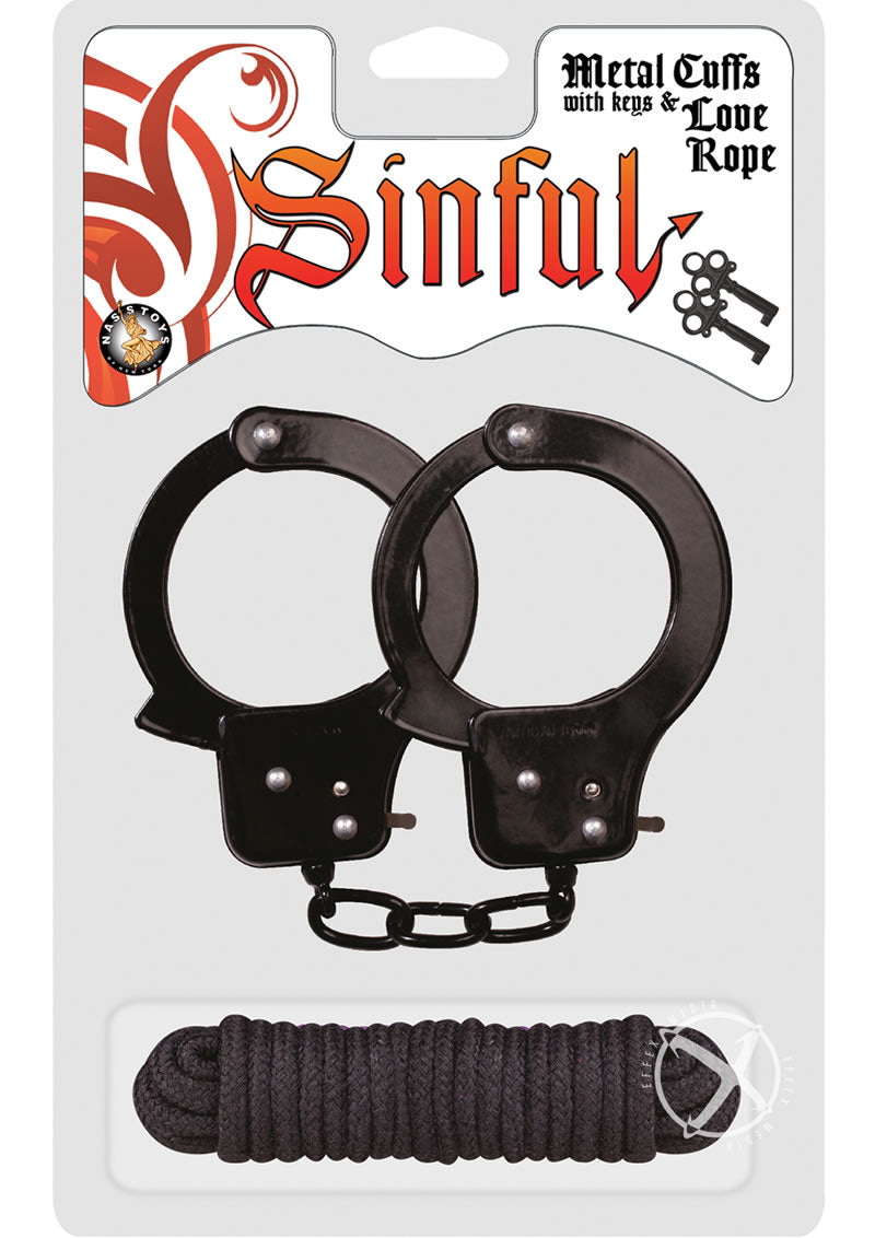 Sinful Metal Cuffs W/keys Love Rope Blac_0