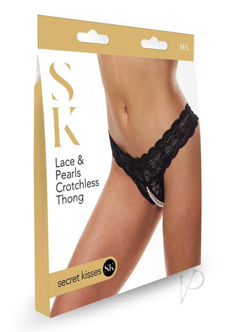 Sk Lace and Pearls Crotchles Thong Blk M/l_0